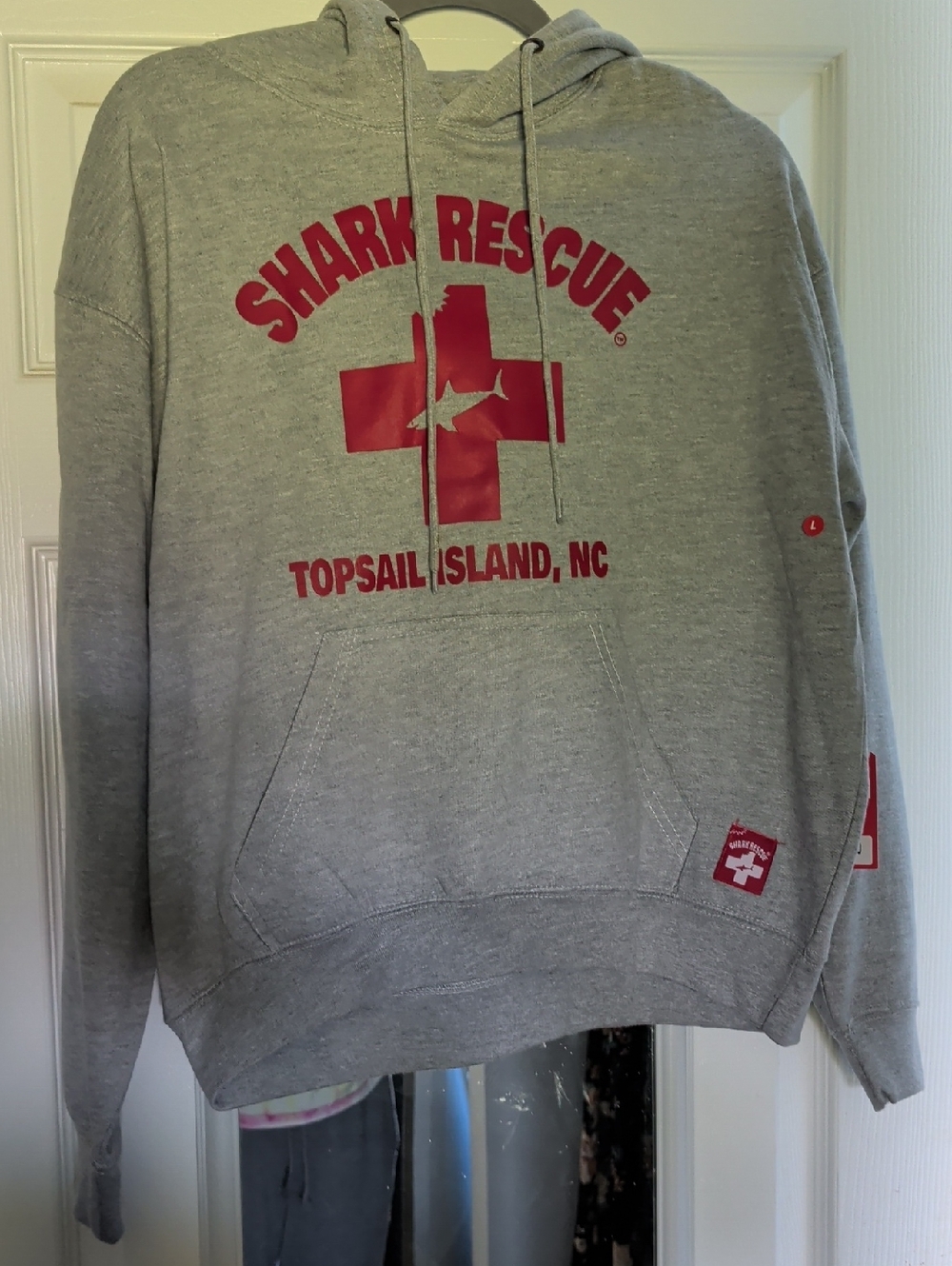 Shark Rescue Topsail Island Gray Hoodie - Gray with Red Graphic